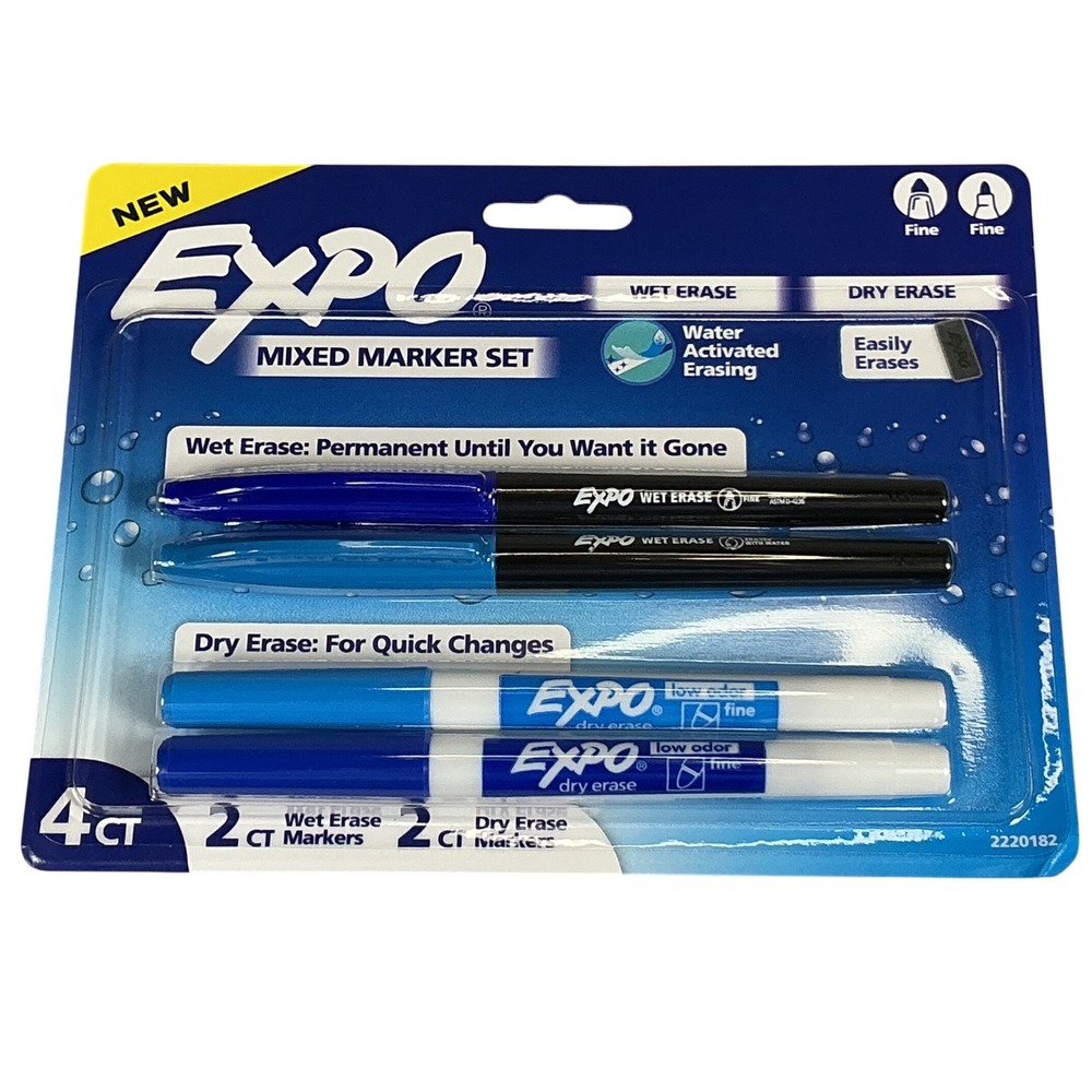 Expo Mixed‎ Marker Set 4ct 2 Wet Erase 2 Dry Erase Fine Tip Blue 2220182 NWT